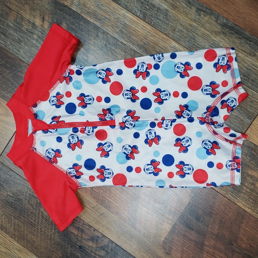 Disney Minnie Mouse Red, White, and Blue Polka Dot Rash Guard Suit, Size 12M